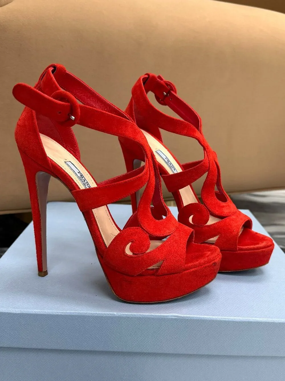 Prada Red Suede Platform Heels Strappy Sandals Stiletto Ankle Strap Size 37 - Picture 8 of 14